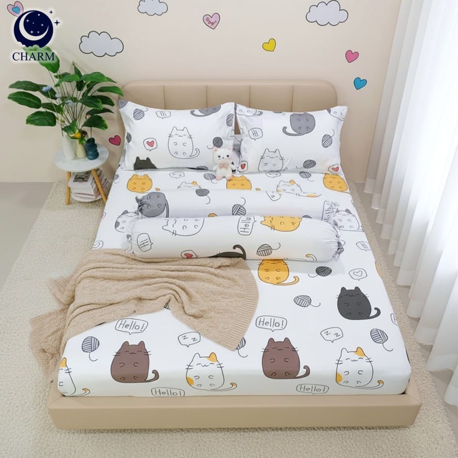 CHARM ชุดผ้าปูที่นอน + ผ้านวม .5 ฟุต 6 ชิ้น ลาย CHUBBY CAT คอลเลคชั่น DREAMY